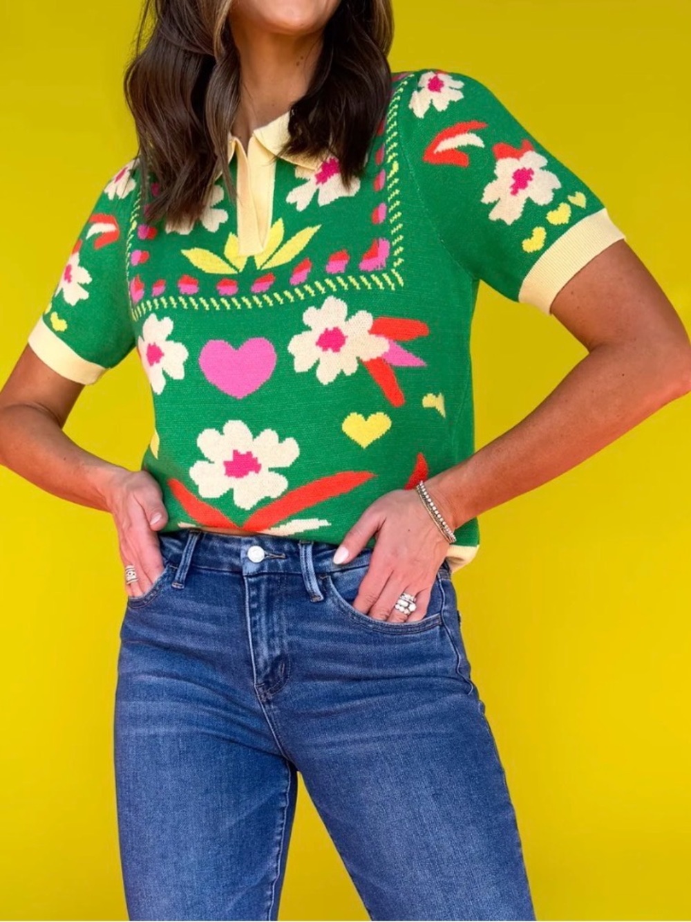 THML Green Floral Short Sleeve Polo Sweater with Yellow Trim